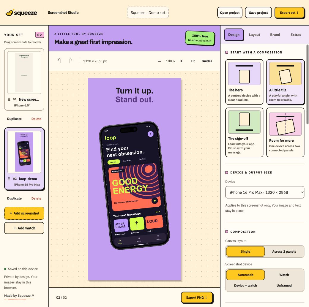 Loop, a fictional music app, in Screenshot Studio’s lavender editor